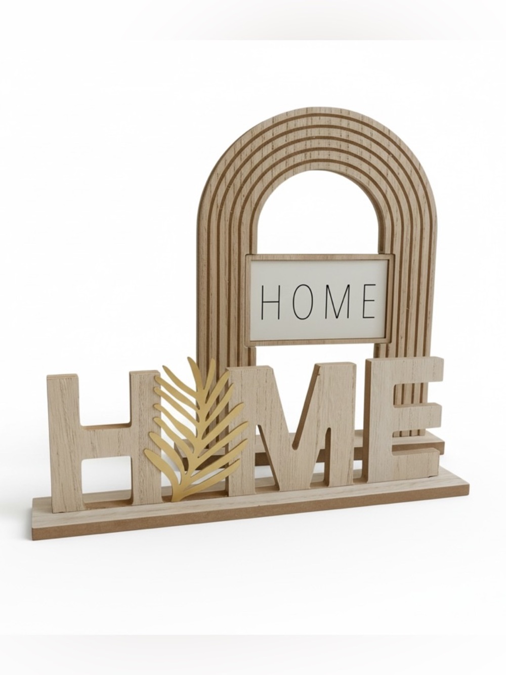 Wooden 'HOME' Tabletop Sign with Green Leaf Accent - Picture 2 of 7